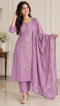 Women’s Lavender Embroidered Straight Kurta Pant & Dupatta Set | 3 Piece