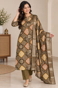 Earthy Allure: 3-Piece Geometric Ethnic Print Kurta, Pant & Dupatta Ensemble