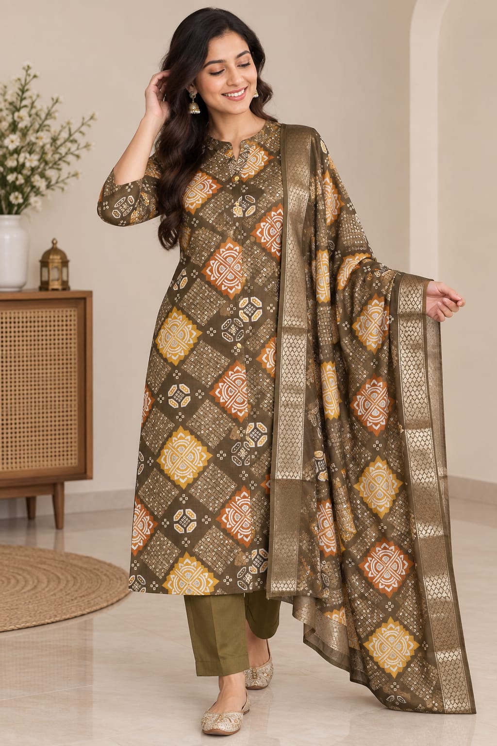 Earthy Allure: 3-Piece Geometric Ethnic Print Kurta, Pant & Dupatta Ensemble